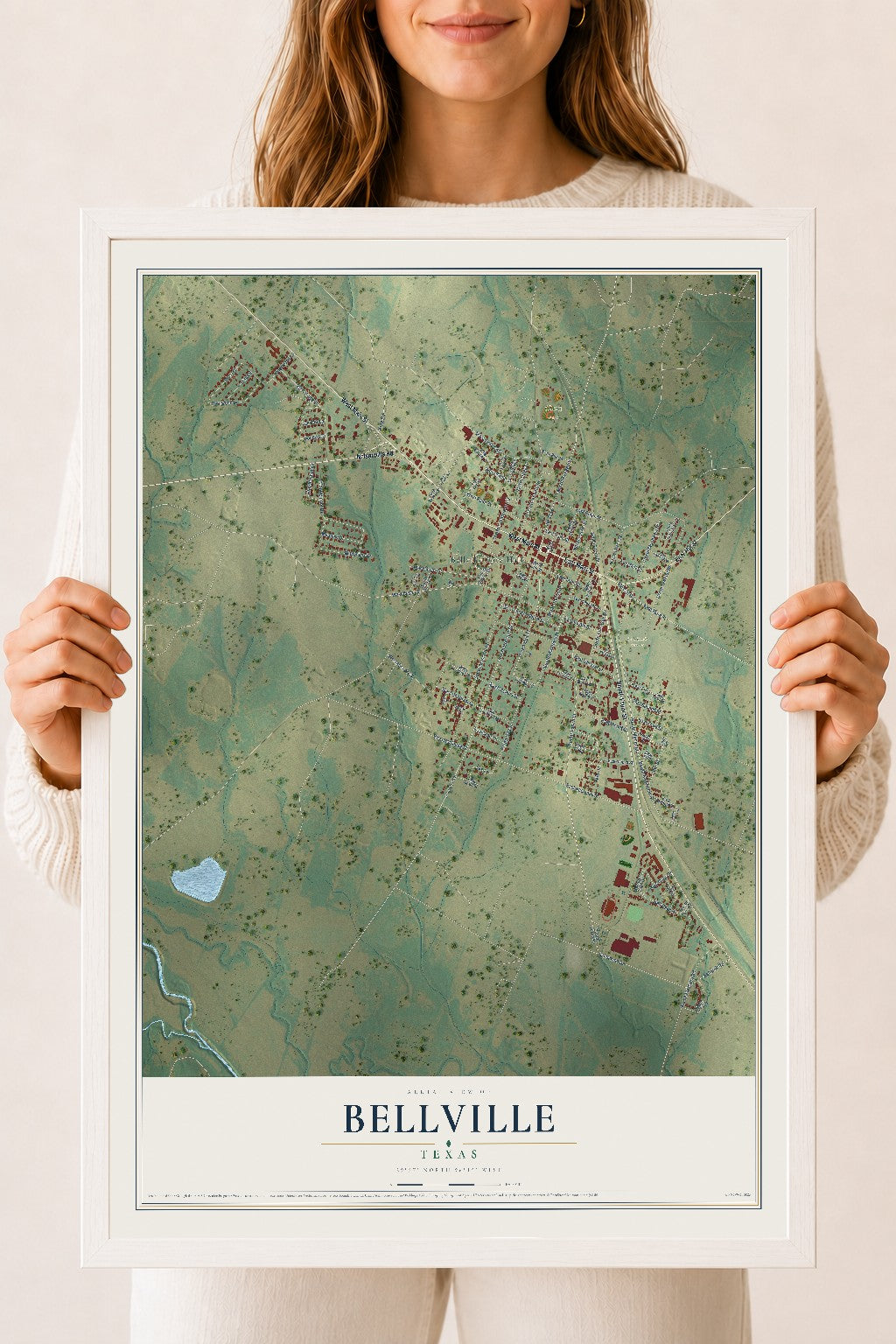 Map of Bellville, Texas, 18 x 24 inch print in a white wood frame