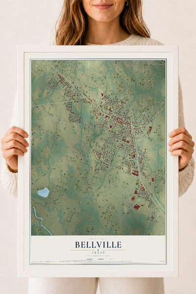 Map of Bellville, Texas, 18 x 24 inch print in a white wood frame