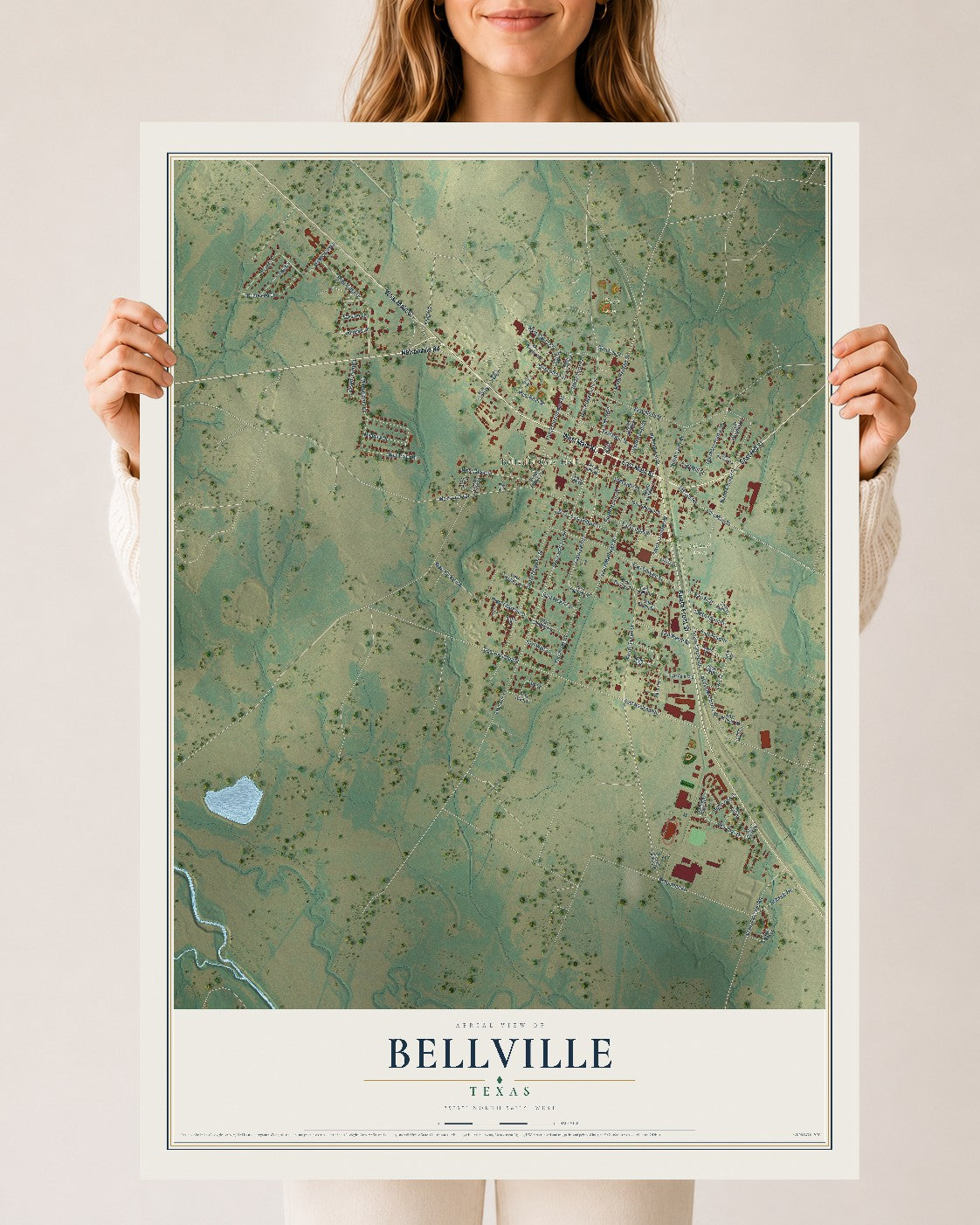 Map of Bellville, Texas, 24 x 36 inch unframed archival matte print