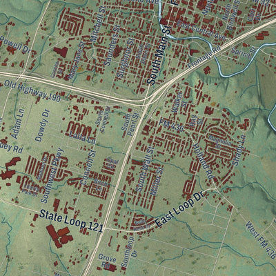 Close-up of the map of Belton, Texas print showing street and building detail