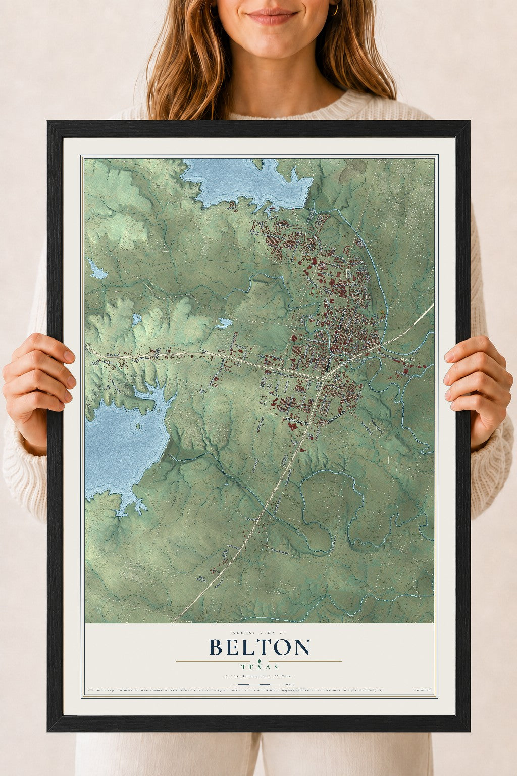 Map of Belton, Texas, 18 x 24 inch print in a black wood frame