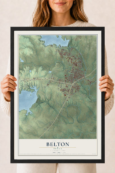 Map of Belton, Texas, 18 x 24 inch print in a black wood frame