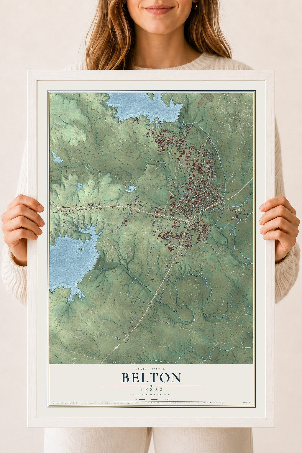 Map of Belton, Texas, 18 x 24 inch print in a white wood frame