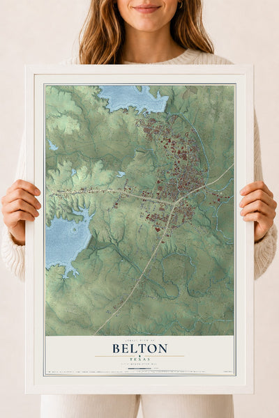 Map of Belton, Texas, 18 x 24 inch print in a white wood frame