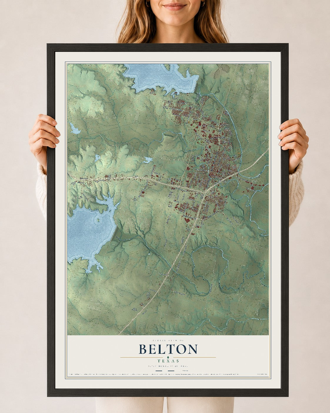 Map of Belton, Texas, 24 x 36 inch print in a black wood frame