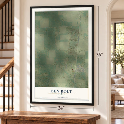 Ben Bolt, Texas map, 24 x 36 inch print in a black frame by a staircase