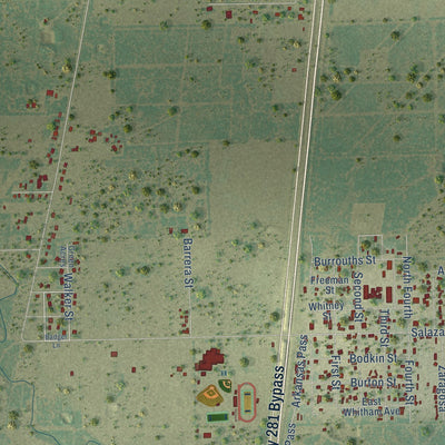 Close-up of the map of Ben Bolt, Texas print showing street and building detail