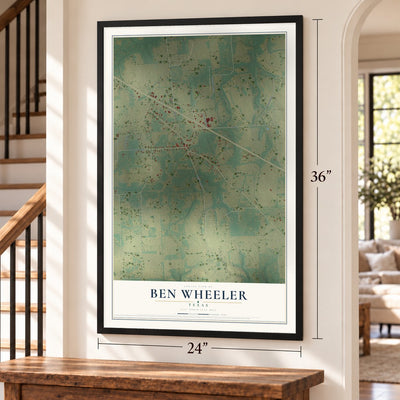 Ben Wheeler, Texas map, 24 x 36 inch print in a black frame by a staircase