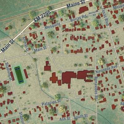 Second close-up of the map of Benavides, Texas print showing more streets and buildings