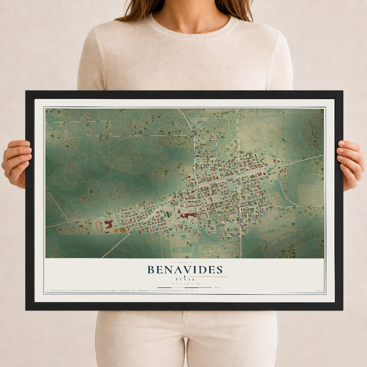 Map of Benavides, Texas, 12 x 18 inch print in a black wood frame