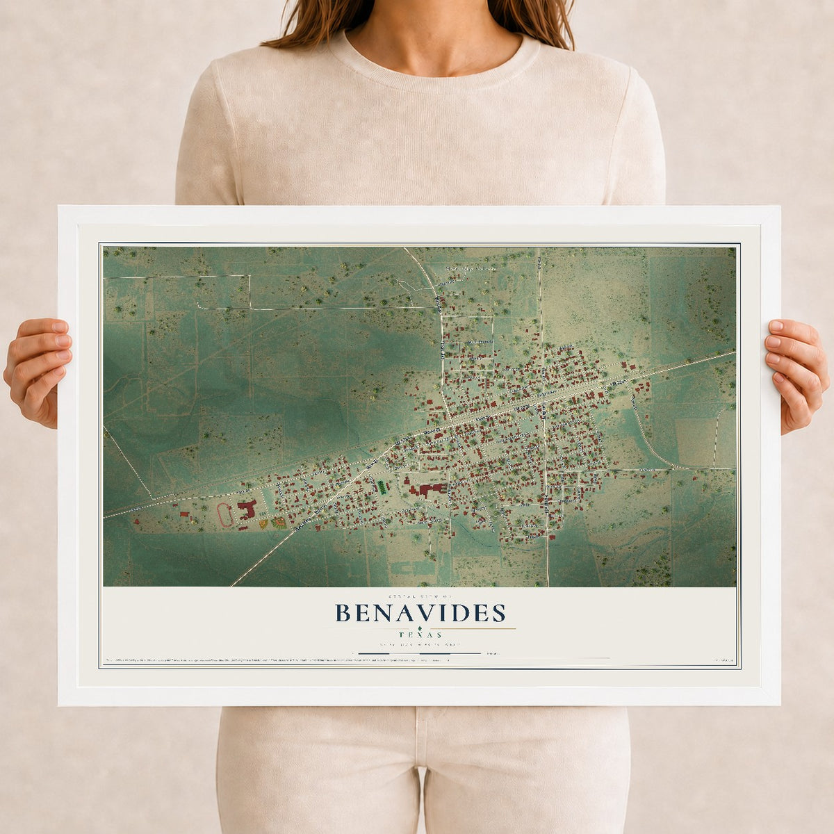 Map of Benavides, Texas, 12 x 18 inch print in a white wood frame