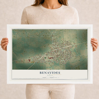 Map of Benavides, Texas, 12 x 18 inch print in a white wood frame