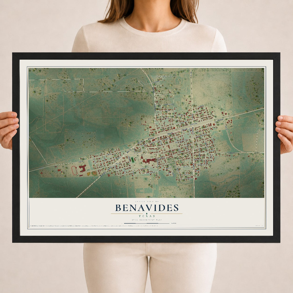 Map of Benavides, Texas, 18 x 24 inch print in a black wood frame