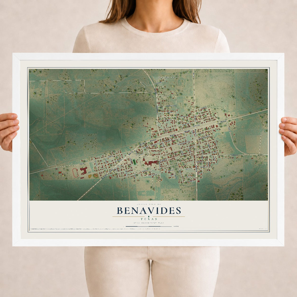 Map of Benavides, Texas, 18 x 24 inch print in a white wood frame