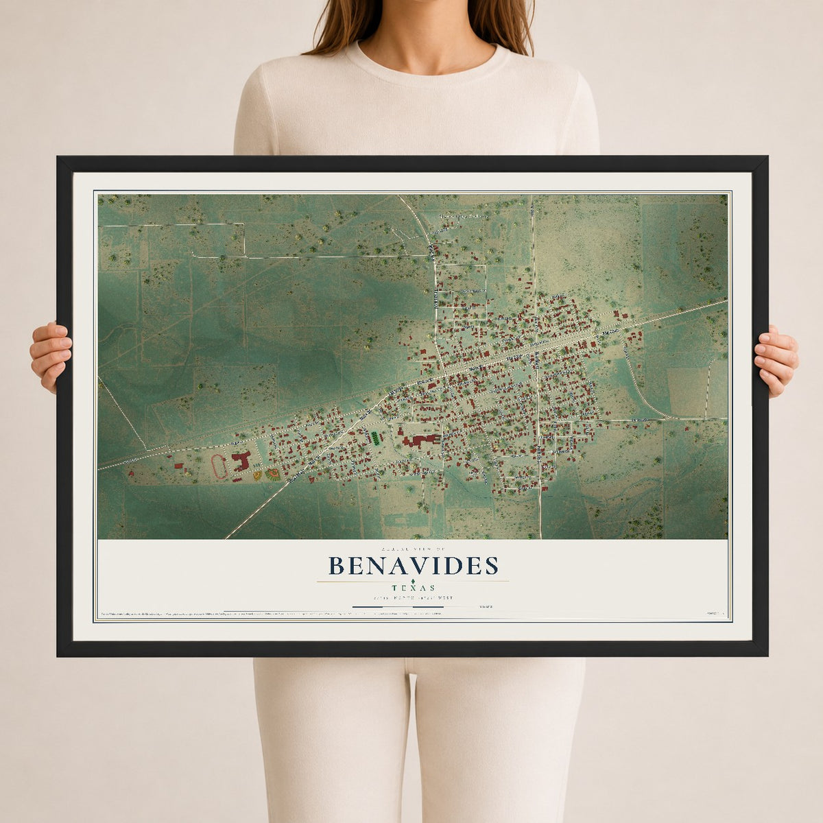 Map of Benavides, Texas, 24 x 36 inch print in a black wood frame