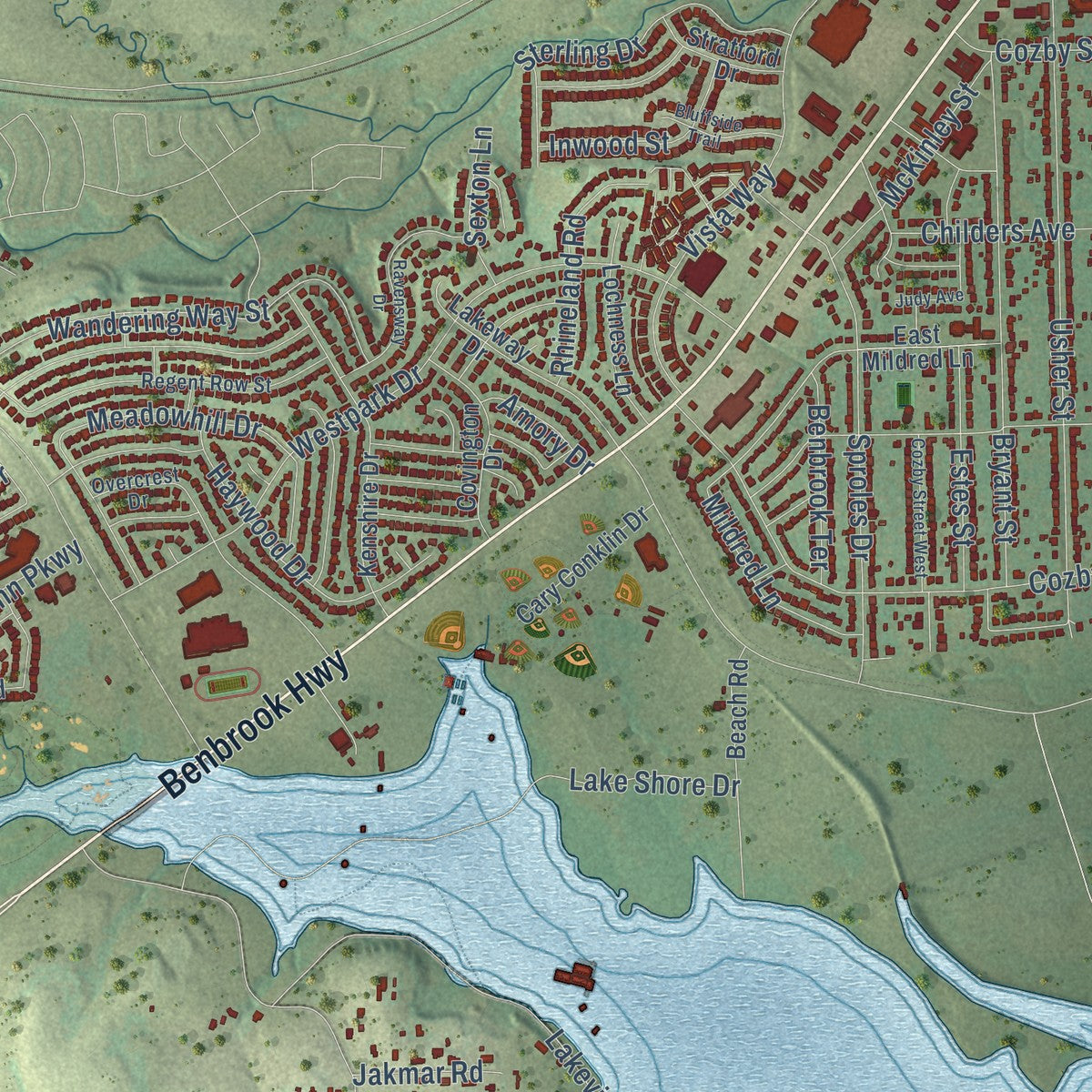Close-up of the map of Benbrook, Texas print showing street and building detail