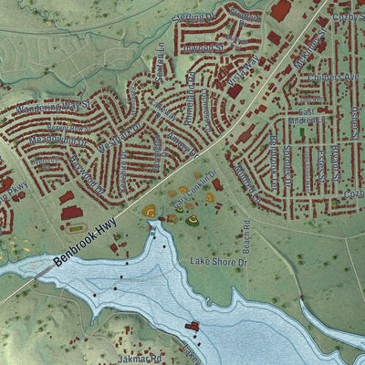 Close-up of the map of Benbrook, Texas print showing street and building detail
