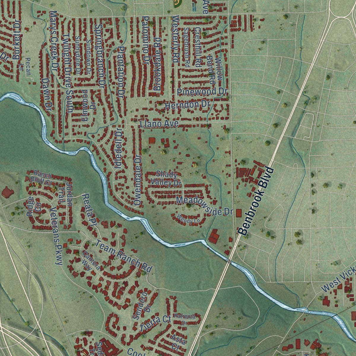 Second close-up of the map of Benbrook, Texas print showing more streets and buildings