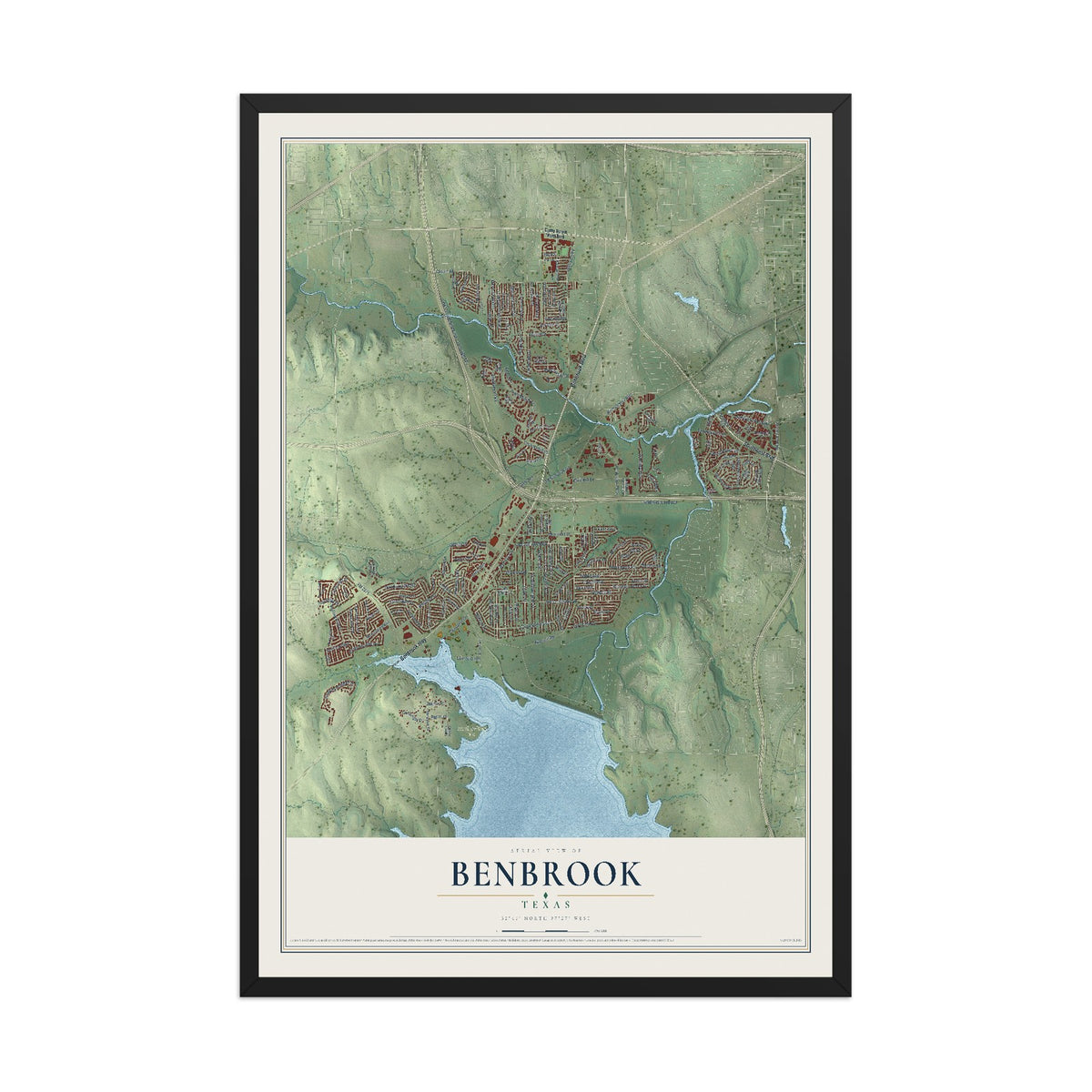 Map of Benbrook, Texas, 12 x 18 inch print in a black wood frame