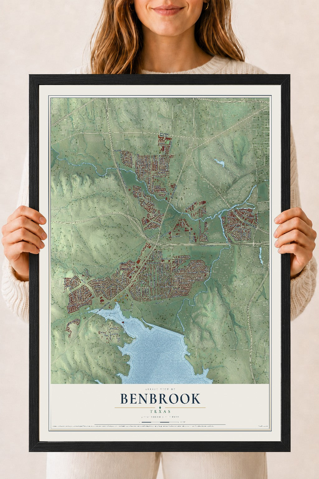 Map of Benbrook, Texas, 18 x 24 inch print in a black wood frame
