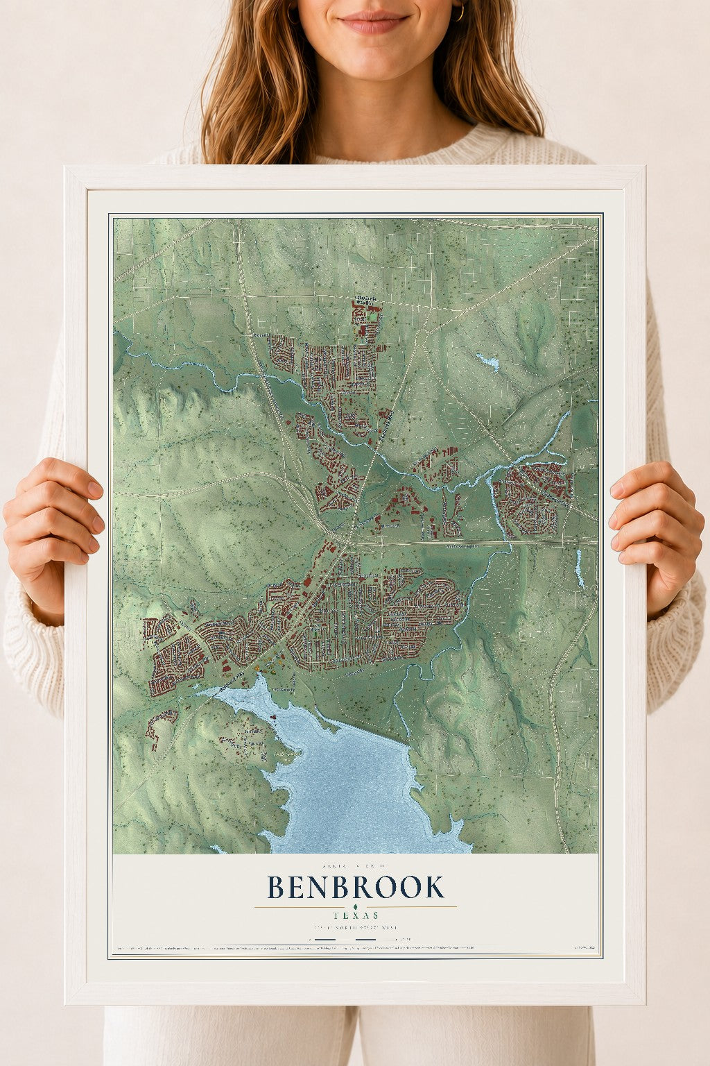Map of Benbrook, Texas, 18 x 24 inch print in a white wood frame
