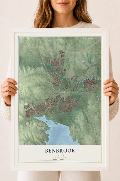 Map of Benbrook, Texas, 18 x 24 inch print in a white wood frame