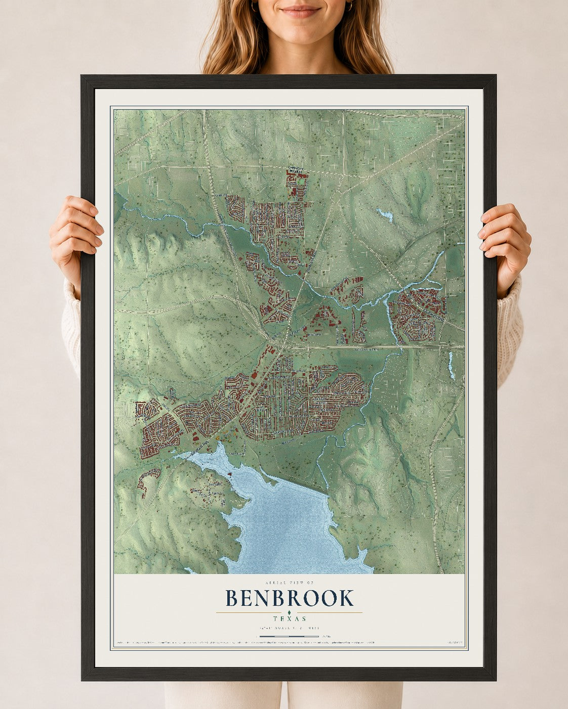 Map of Benbrook, Texas, 24 x 36 inch print in a black wood frame