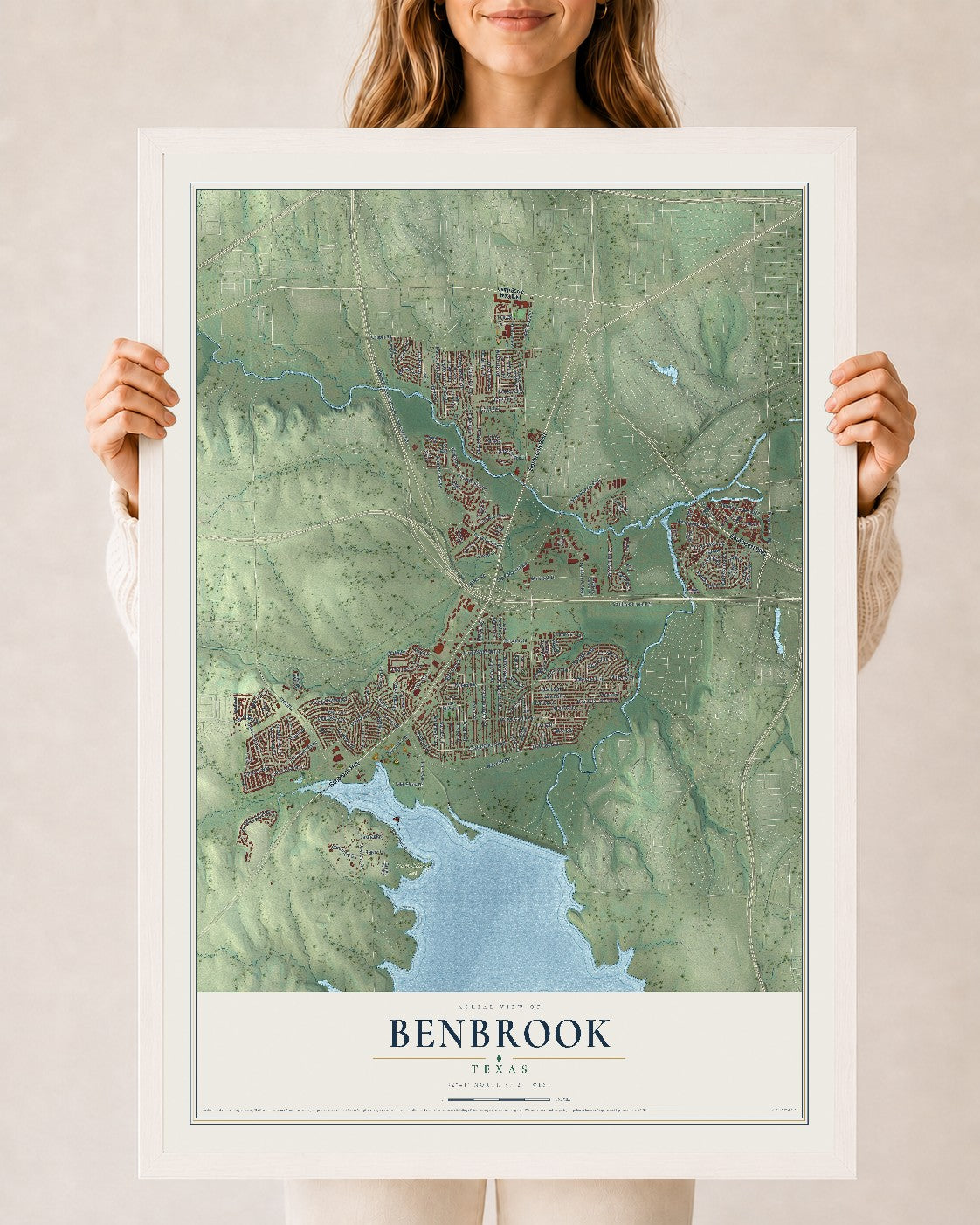 Map of Benbrook, Texas, 24 x 36 inch print in a white wood frame