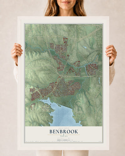 Map of Benbrook, Texas, 24 x 36 inch print in a white wood frame