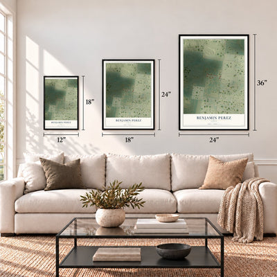 Benjamin Perez, Texas map in 12 x 18, 18 x 24 and 24 x 36 inch sizes above a sofa