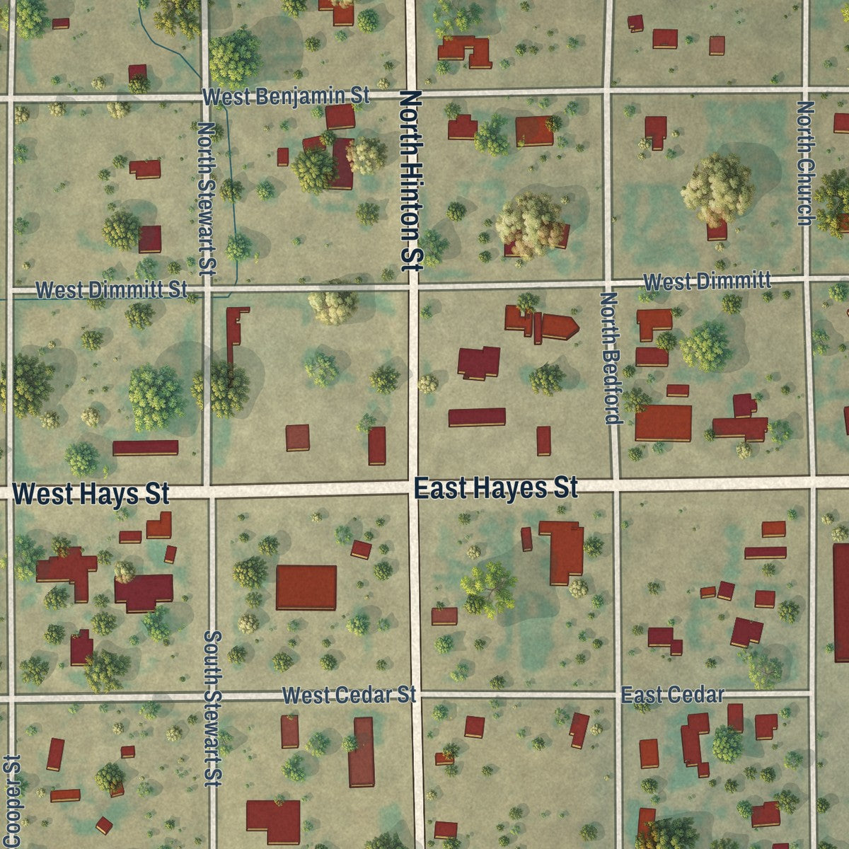 Close-up of the map of Benjamin, Texas print showing street and building detail
