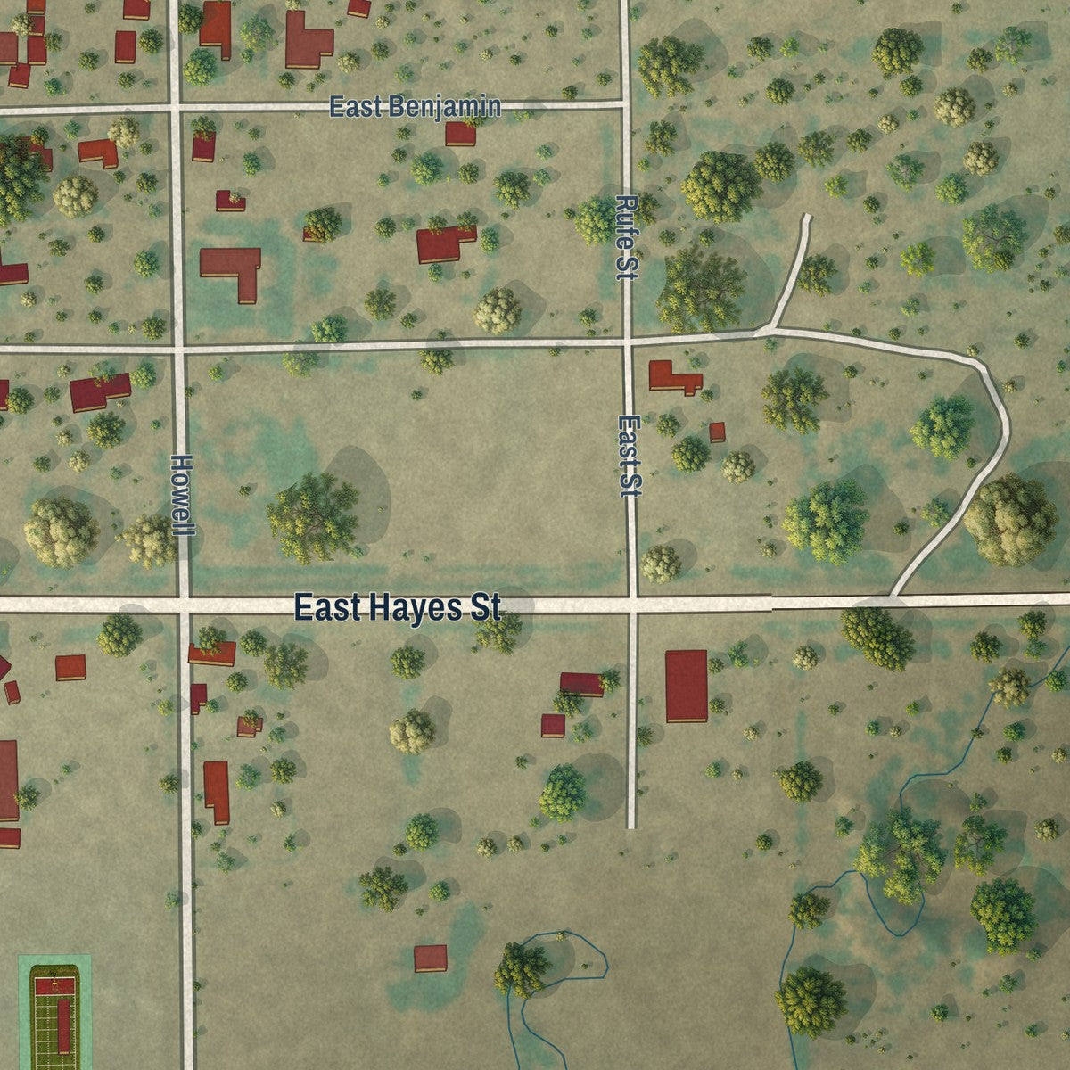 Second close-up of the map of Benjamin, Texas print showing more streets and buildings