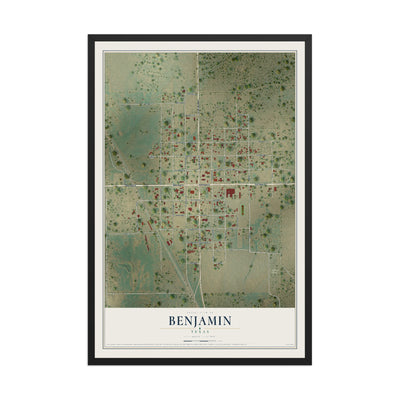 Map of Benjamin, Texas, 12 x 18 inch print in a black wood frame