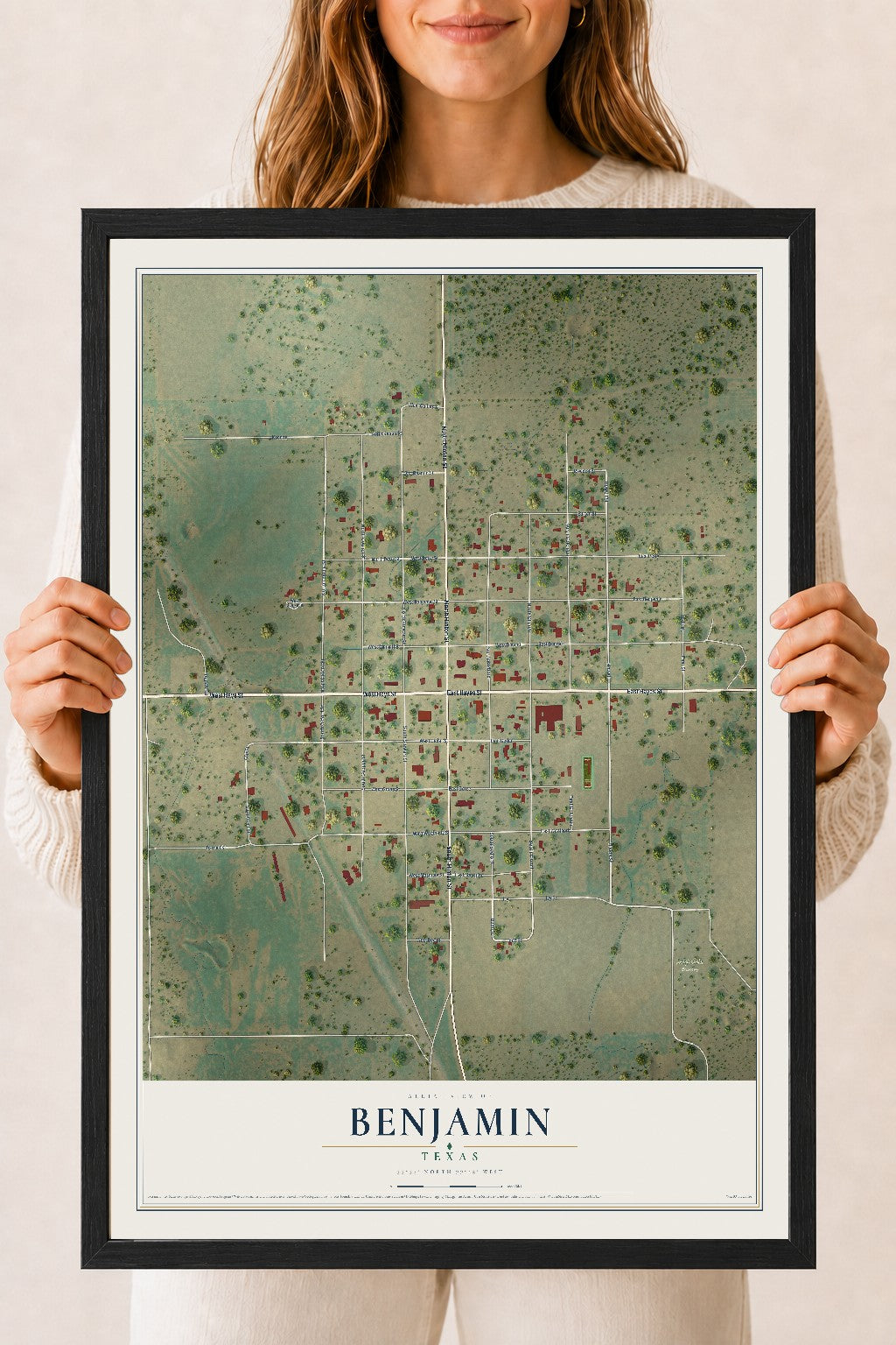 Map of Benjamin, Texas, 18 x 24 inch print in a black wood frame