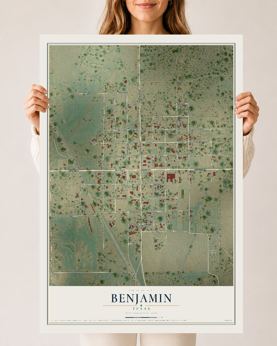Map of Benjamin, Texas, 24 x 36 inch unframed archival matte print