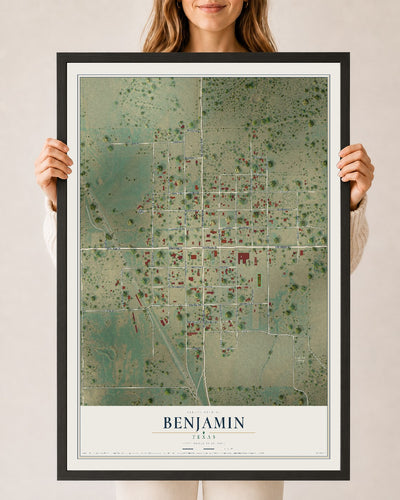 Map of Benjamin, Texas, 24 x 36 inch print in a black wood frame