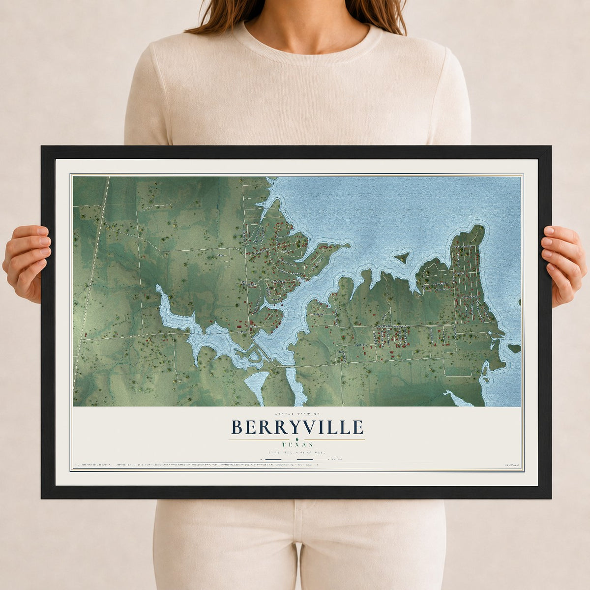 Map of Berryville, Texas, 12 x 18 inch print in a black wood frame