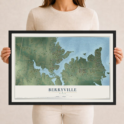 Map of Berryville, Texas, 12 x 18 inch print in a black wood frame