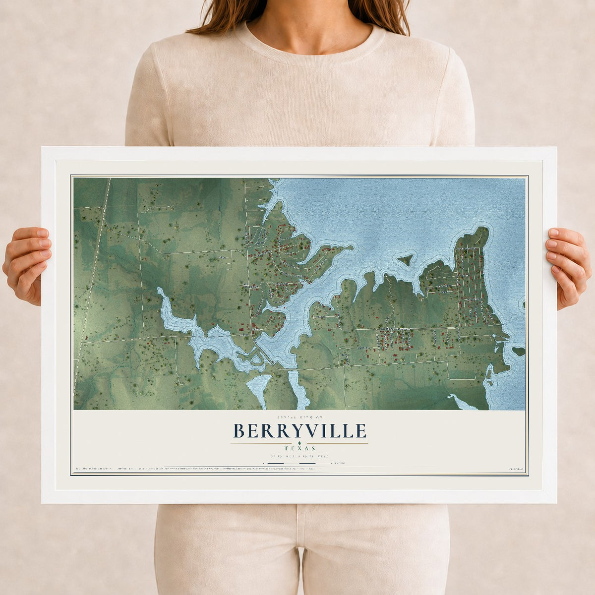 Map of Berryville, Texas, 12 x 18 inch print in a white wood frame