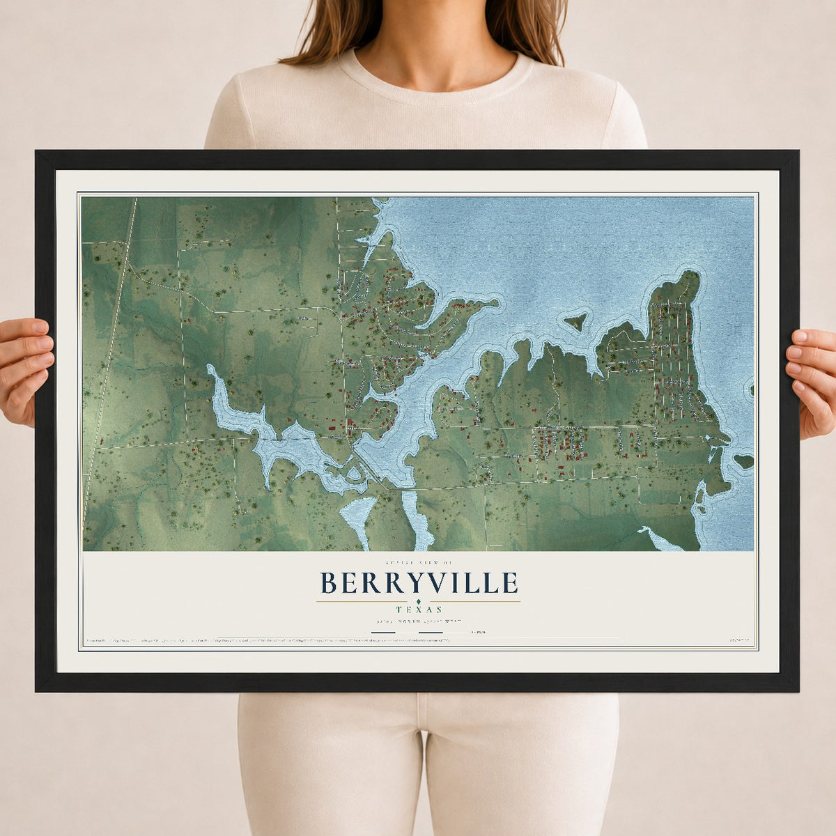 Map of Berryville, Texas, 18 x 24 inch print in a black wood frame