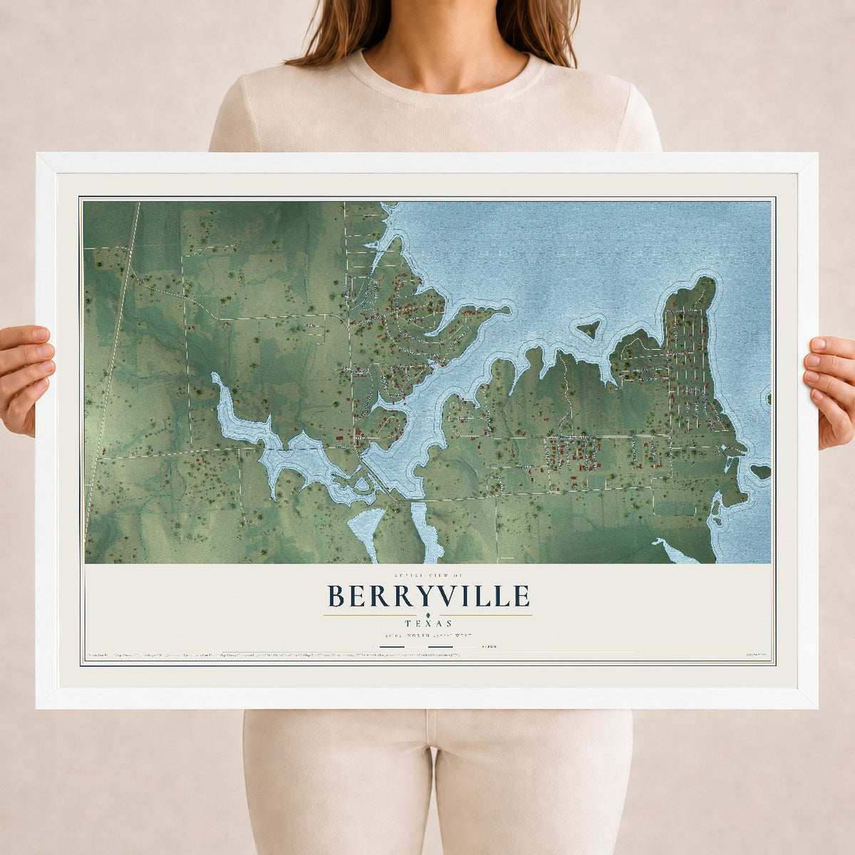 Map of Berryville, Texas, 18 x 24 inch print in a white wood frame