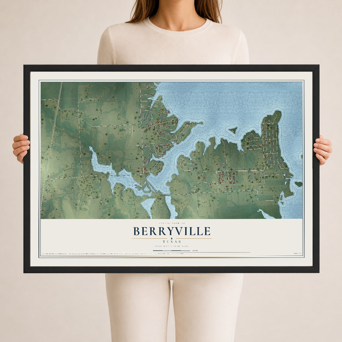 Map of Berryville, Texas, 24 x 36 inch print in a black wood frame