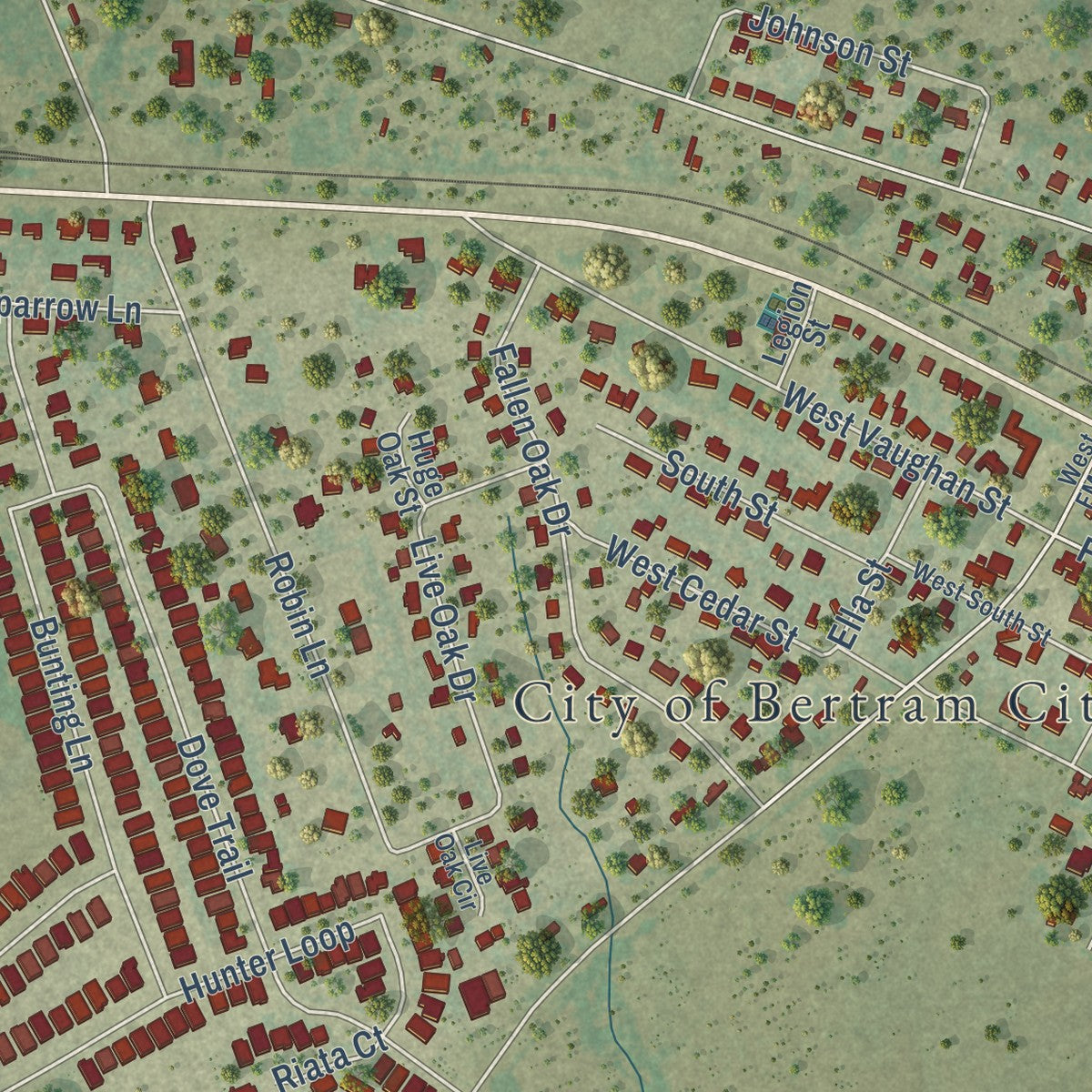 Close-up of the map of Bertram, Texas print showing street and building detail