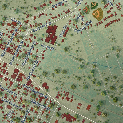 Second close-up of the map of Bertram, Texas print showing more streets and buildings