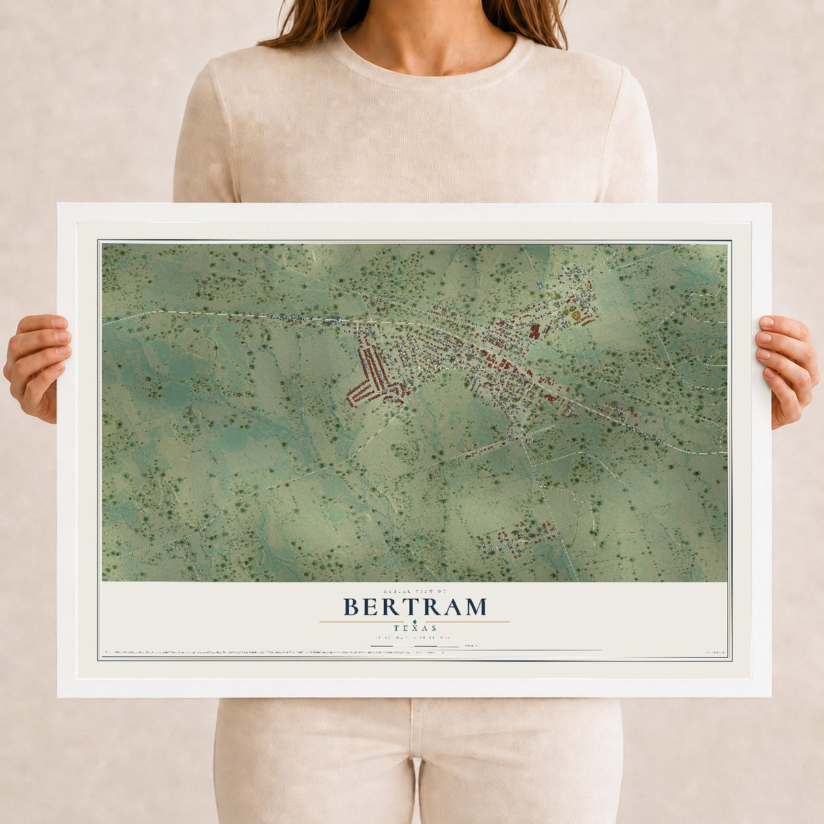 Map of Bertram, Texas, 12 x 18 inch print in a white wood frame