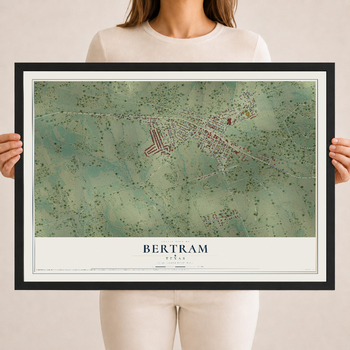 Map of Bertram, Texas, 18 x 24 inch print in a black wood frame