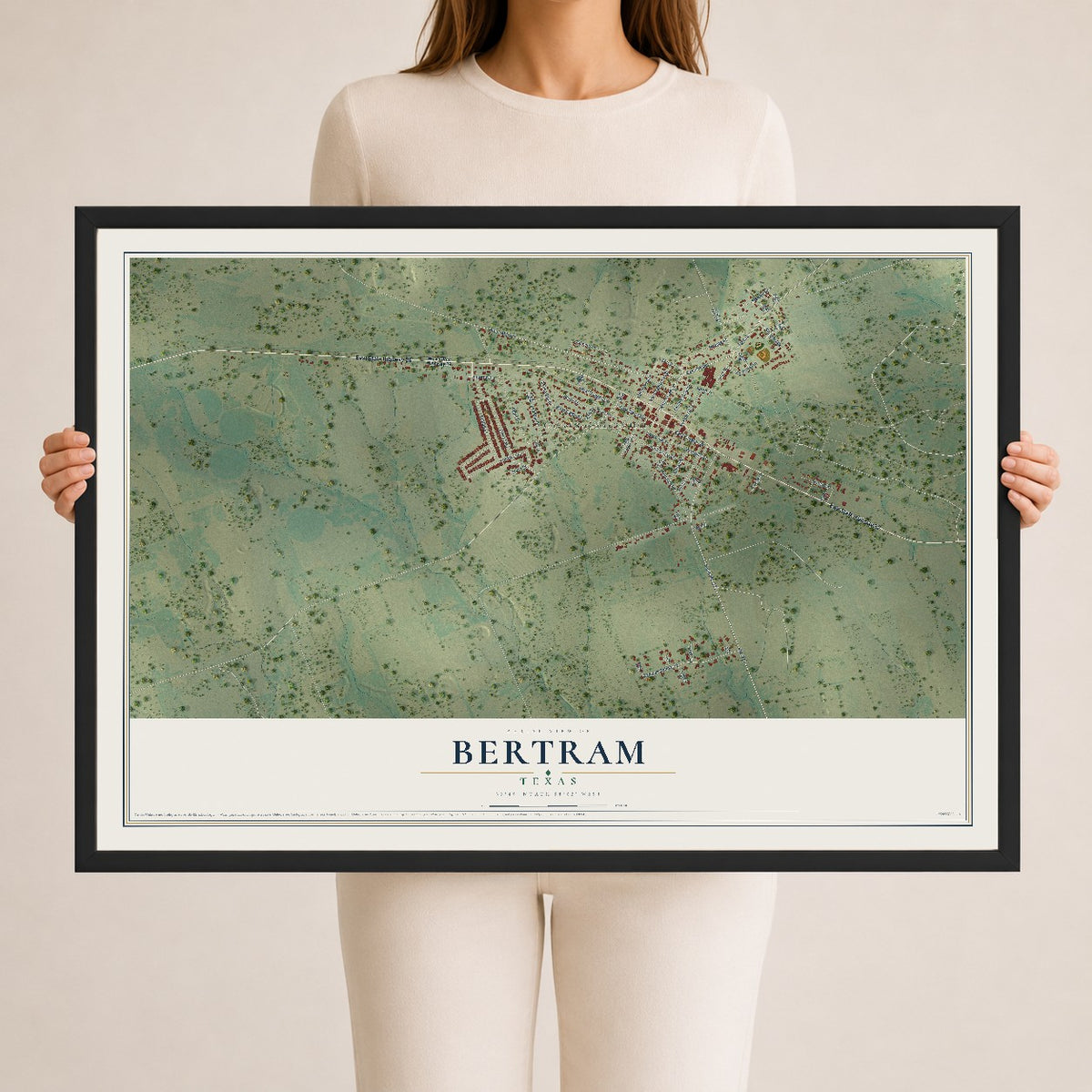 Map of Bertram, Texas, 24 x 36 inch print in a black wood frame