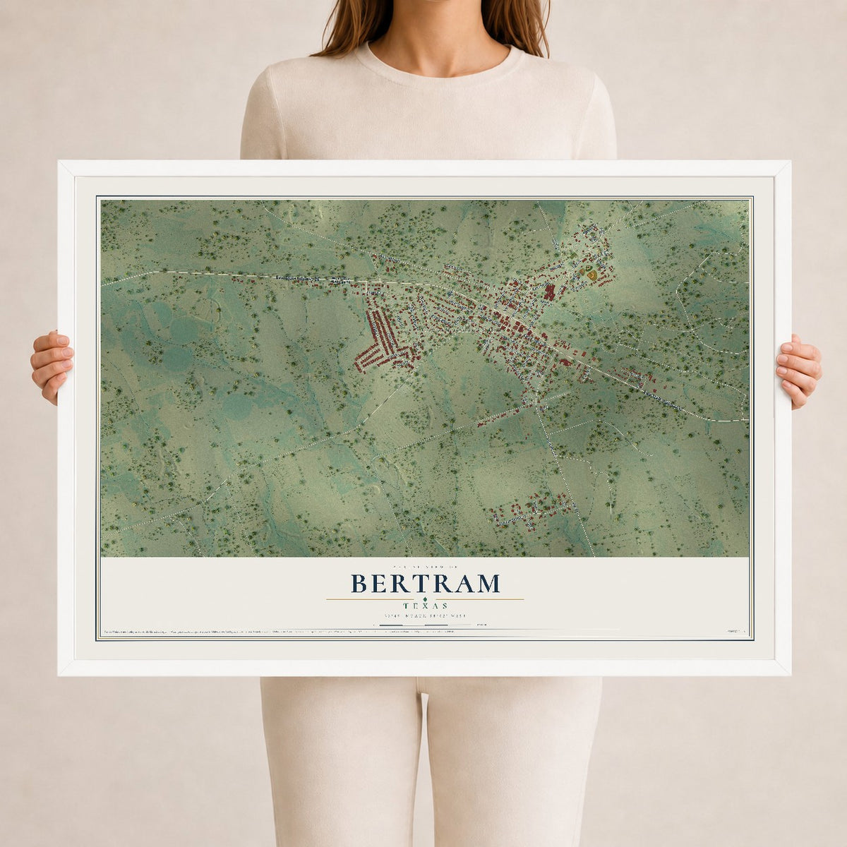 Map of Bertram, Texas, 24 x 36 inch print in a white wood frame