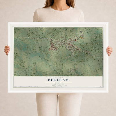 Map of Bertram, Texas, 24 x 36 inch print in a white wood frame