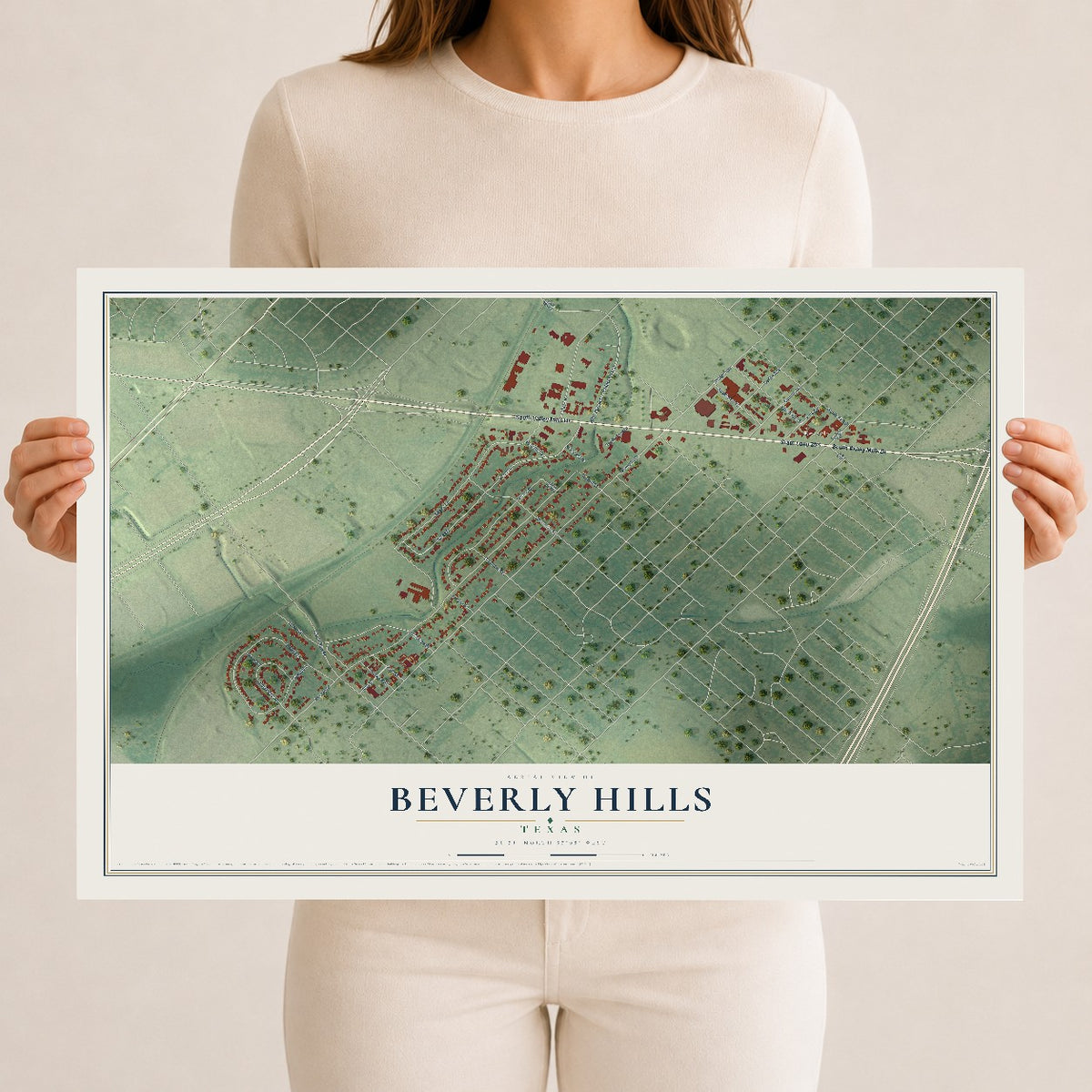 Map of Beverly Hills, Texas, 12 x 18 inch unframed archival matte print